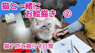 ふさふさ尻尾で飼い主の顔を叩く白猫 #色鉛筆画#猫多頭飼い#甘える猫