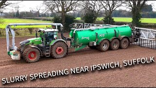 4Kᵁᴴᴰ Feb 2025: Spreading AD slurry near Ipswich - Fendt 942 Vario \u0026 Samson PG II tanker + 36m boom