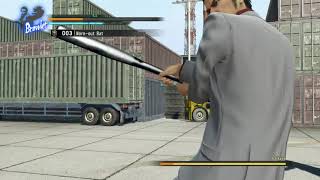 Kiryu hits someone with a bat while Majima watches.