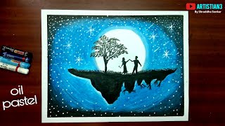Oil Pastel drawing - How to Draw Moonlight night Scenery with Oil Pastels step by step