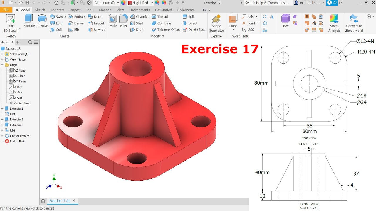 Autodesk Inventor Tutorial For Beginners Exercise 17 - YouTube