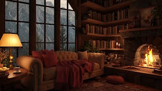 Relaxing Rain on Window & Fireplace Sounds at Cozy Reading Nook Ambience | Thunder for Sleep, Relax