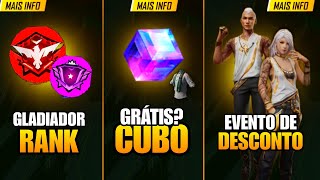 CORRE! GLADIADOR RANQUEADO, CUBO, EVENTO LUZES DO DESTINO, BERMUDA DE AREIA E+ NOVIDADES FREE FIRE