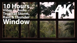 4K 10 hours - Tropical Storm Window with Rain \u0026 Thunder - relaxation, meditation, nature
