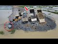 Best Incredible Making New Road ,Bulldozer SHANTUI Push Big Stone to Water , SHACMAN Truck Unloading