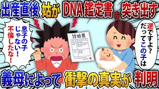 【2ch修羅場スレ】出産直後に姑がDNA鑑定書を突きつけてきて「息子の子じゃない！不倫したな！？離婚して慰謝料よこせ！」私「逆です」義母「は？」衝撃の事実を知った義母【修羅場】