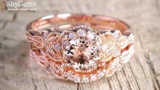 ShyGems Vintage 1.50 Carat Morganite \u0026 Diamond Halo Bridal Set in Gold