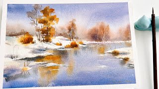 Watercolor winter landscape painting process