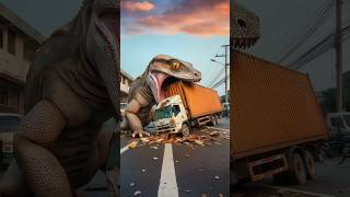 Evolution from a giant gecko about to eat a container truck to a starving cat eating noodles