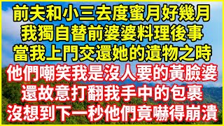 前夫和小三去度蜜月好幾月，我獨自替前婆婆料理後事，當我上門交還她的遺物之時，他們嘲笑我是沒人要的黃臉婆，還故意打翻我手中的包裹，沒想到下一秒他們竟嚇得崩潰！#情感故事 #深夜淺談 #欺騙的故事