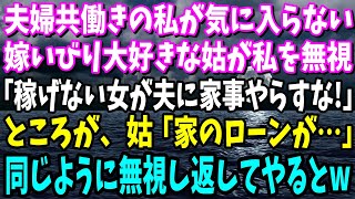 【スカッと】夫婦共働きの私が気に入らない嫁いびり大好きな姑が私を無視「小銭しか稼げない女が夫に家事やらすな！」→ところが、姑「家のローンが…あなた給料…」同じように無視し返してやるとwww【修羅場】