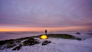 Winter wild camping on a cold English hill