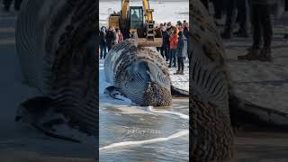 Excavator scraping barnacles off giant whale