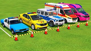 CHEVROLET, DACIA, VOLKSWAGEN POLICE CARS & MERCEDES AMBULANCE VEHICLES TRANSPORTING ! FS22