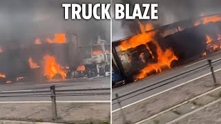 Moment flames engulf lorry on major motorway sparking travel carnage