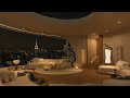 city rain jazz retreat 4k serene atmosphere in a sophisticated living room with nighttime views 🎵