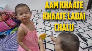 Twins Baby Fight for a Piece of Mango | Aadya & Anaya Funny Video