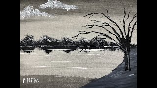 Black and White Tree on a Lake Landscape Acrylic Painting for Beginners