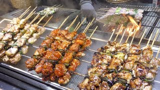 Grilling 'Dakkochi' Spicy Chicken Skewers. Korea Street Food in Hongdae, Seoul