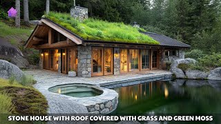 Close to nature: Stone house with moss-covered roof and lush green grass