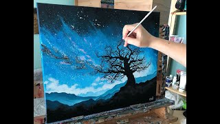 Magical Night Sky with Lonely Tree 🥰 Stargazing Landscape  🎨 Acrylic Painting Time lapse video