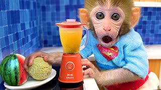Monkey Baby Bon Bon drinks fruit smoothies and naughty with ducklings and puppy in the farm
