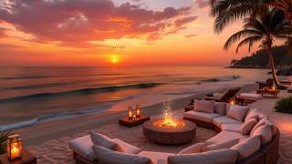 Sunset Beach Jazz Café 🌅 Cozy Fireplace & Ocean Waves Ambience for Relax, Study & Sleep