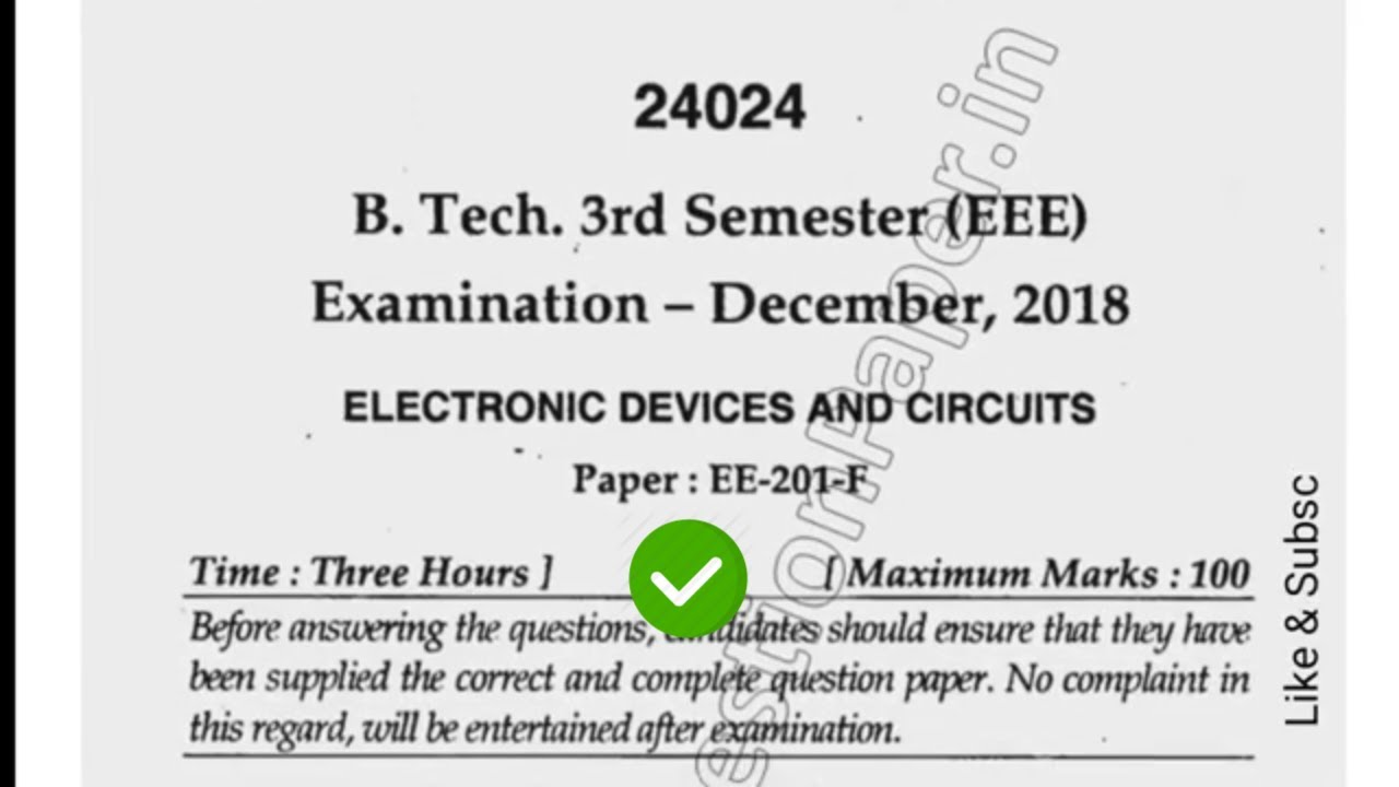 Mdu BTech EE 3rd Sem Electronic Device & Circuit Question Paper 2018 # ...