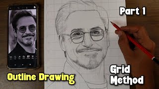 Outline Drawing with Grid Method | Robert Downey Jr Outline drawing | Step by step