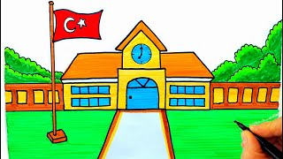 Kolay Okul Çizimi 🏫 Okul Çizimleri - Okul Resmi Nasıl Çizilir? - Okul Çizilişi - Drawing a School