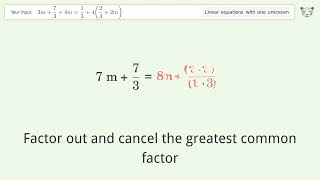 Linear equation with one unknown: Solve 3m+7/3+4m=1/3+4(2/3+2m) step-by-step solution