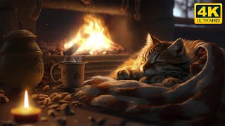 Relax with Purring Cat and Crackling Fireplace 4K 🔥 Sleep in Cozy Winter Ambience