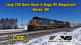 Long CSX Auto Rack \u0026 Huge NS Megatrain - Berea, OH