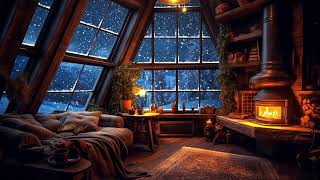 Wind and Crackling Fireplace in a Cozy Winter Hut - Cozy Ambience for Sleep, Relax, Study