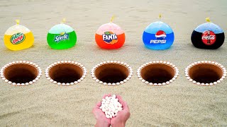 Coca Cola, Pepsi, Fanta, Sprite, Mtn Dew Balloons and Mentos in Different Holes Underground