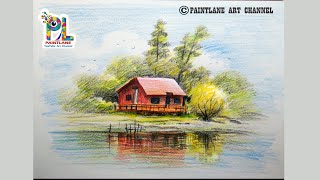 How to Draw and Coloring A Scenery Painting With color Pencils || Pencil Art