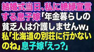 【スカッとする話】結婚式当日、私に絶縁宣言する息子嫁「年金暮らしの貧乏人は介護しませんからw」年間配当1000万の株主の私「じゃぁ北海道の別荘は行かないのね」息子嫁「えっ？」顔面蒼白の末路が…ｗ