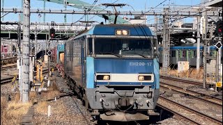 【約１５分遅れ】JR貨物EH200形17号機＋赤コキ200形3B（両）＋コキ20B（両）が大宮駅6番線を低速通過するシーン（2088レ・高A203・コンテナ輸送）2025.1.26