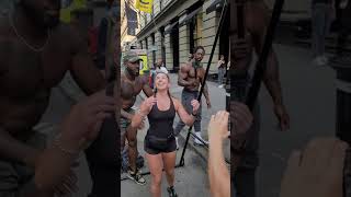 Strong 45 year old Woman doing cleaaaaan Pullups in SOHO NYC rate her form!!! 💪🏾🔥😤  #Shorts