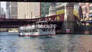 A Boat On Chicago River By LaSalle Street, USA