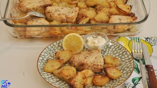 Oven baked, Lemony Swordfish Fillets (steaks) w/Potatoes - Ξιφίας Φέτες λεμονάτες φούρνου με Πατάτες