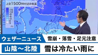 【雪崩・落雪・足元注意】山陰や北陸は雪が徐々にミゾレや冷たい雨に