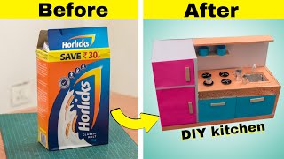 How to make mini kitchen with waste box || Diy miniature kitchen from boxes