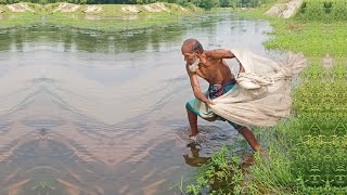 Best Village Fishing by 80 Years Old Poor Fisherman - Amazing Fishing Video - Net Fishing Video