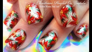 Beautiful Christmas Nails! Red Poinsettias and Glitter Nail Art Design