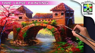 Old Bridge with two watch towers step by step basic acrylic painting tutorial for beginners
