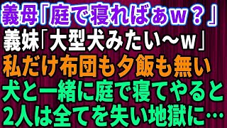 【スカッとする話】姑「庭で寝れば？w」義妹「大型犬みたい！ウケるw」義実家に行くと私の分だけ布団も夕飯もない…お望み通りしてあげた結果→二人は全てを失い地獄に