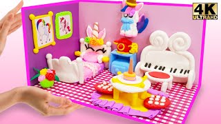 How To Make rainbow unicorn House and piano, phone, pink room from Polymer Clay and Cardboard DIY