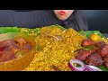 asmr eating spicy chicken biryani chicken curry raita chicken leg piece *biryani eating*