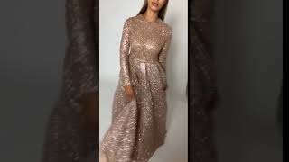 Portia and Scarlett Allegra gold long sleeved modest evening dress at SHAIDE!